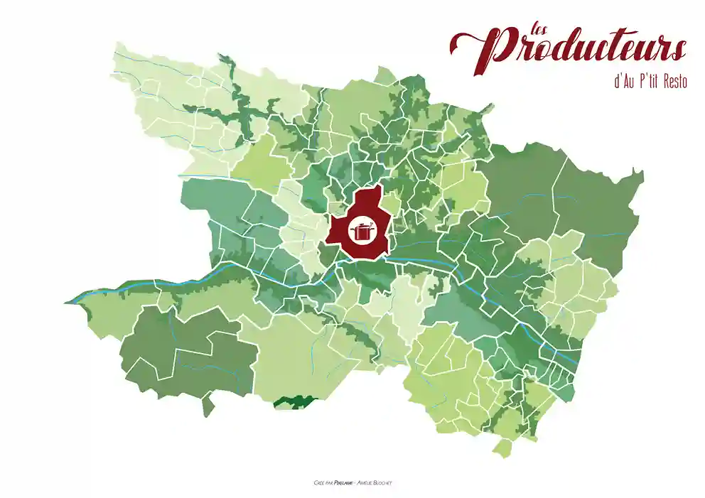 Carte des producteurs illustrée réalisée sur mesure pour valoriser les producteurs locaux d'un restaurant. Graphiste.